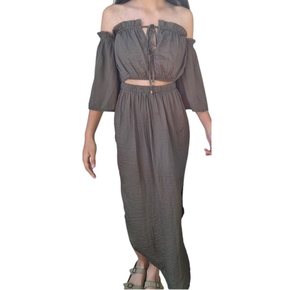 L'ATISTE Cutout Off Shoulder Short Sleeves 2 Side Slit Midi Dress Olive Green S